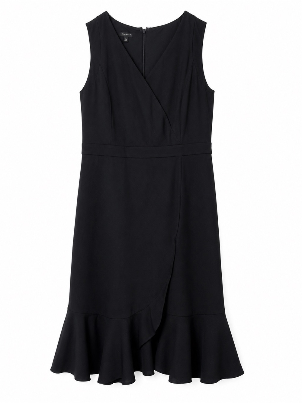 Talbots Black Ponte Wrap Sheath Dress Ruffle Hem Sleeveless Size 8